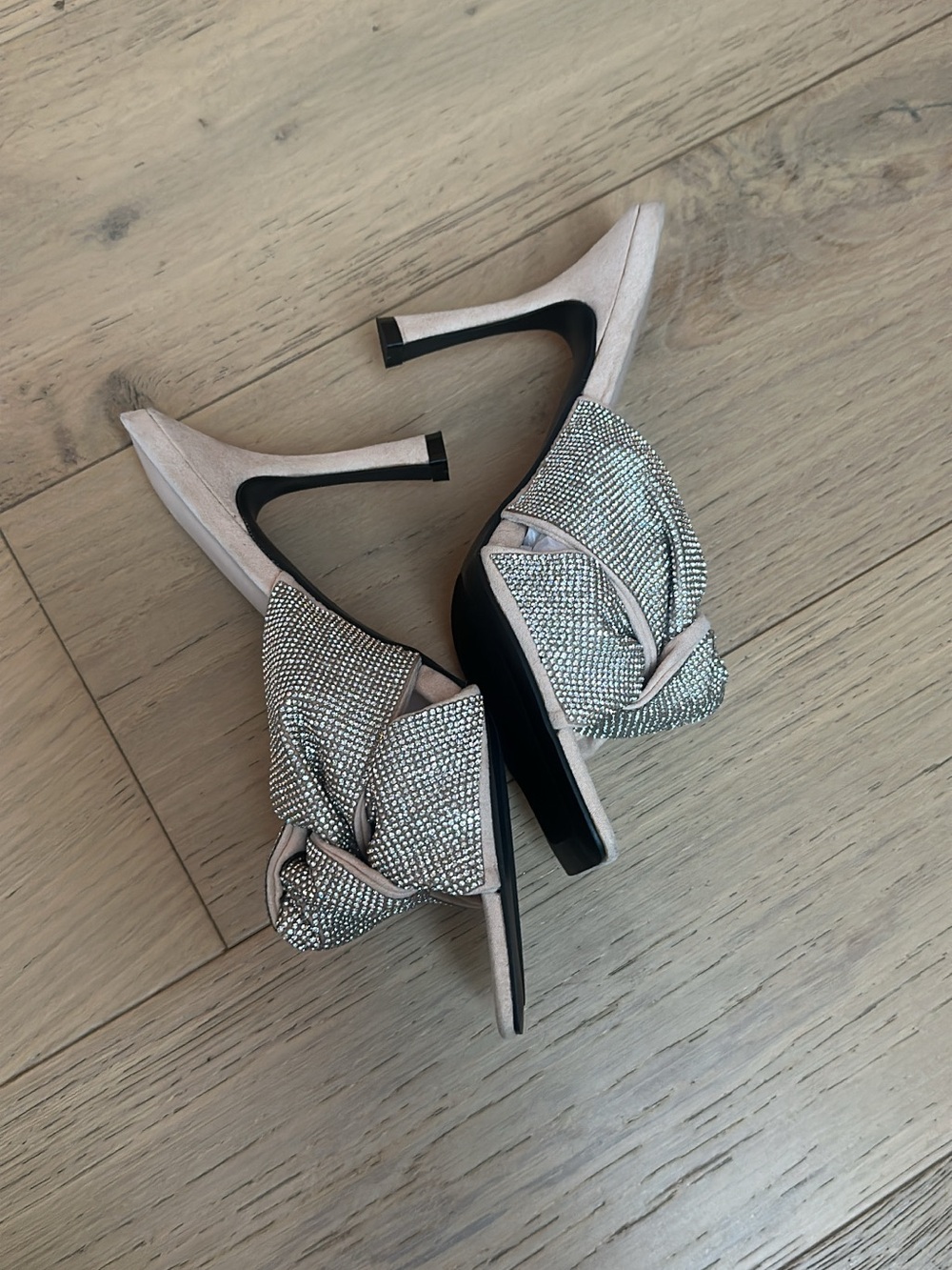 Fashion Nova Blush Pink Crystal-Knot Pointed Mule Heels